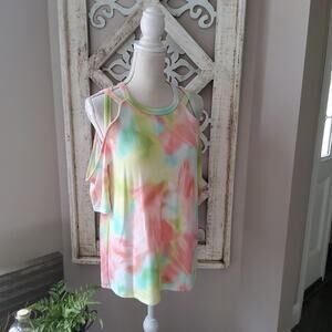 143 Story Cold Shoulder Strappy Baby French Terry Tie Dye Top in Sherbert Neon